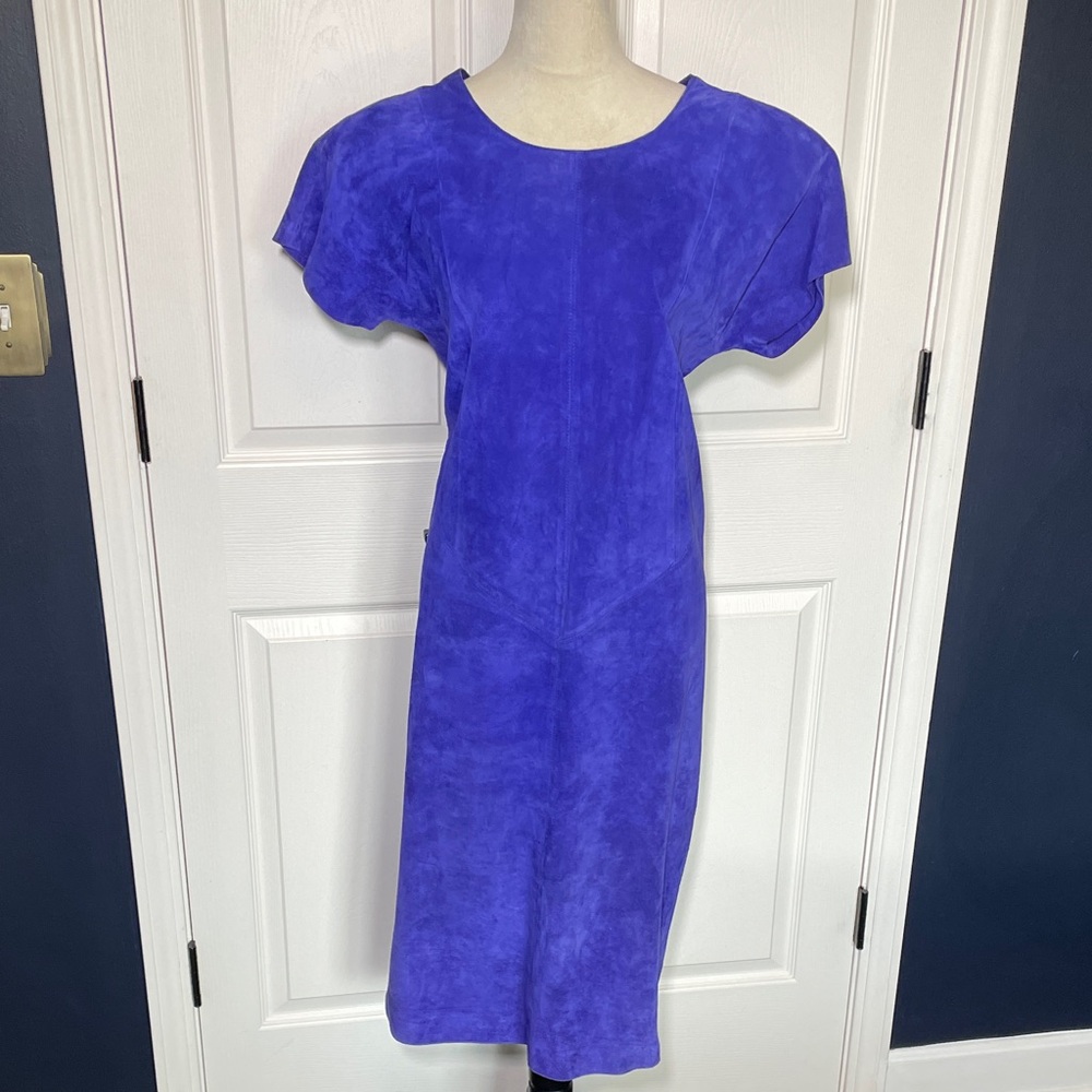 Vintage SUEDE Lauren Alexandra Royal‎ Blue Short-Sleeve Purple Dress Size 14